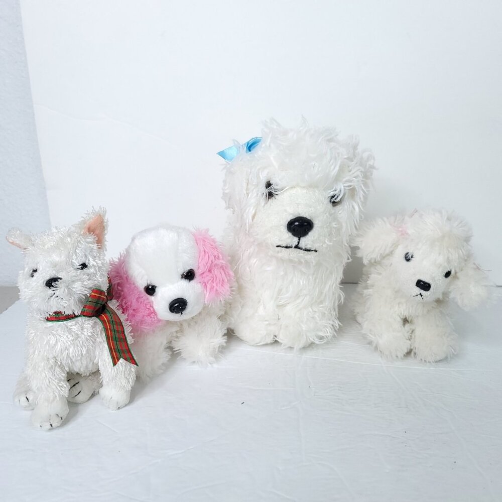 Lot of 4 White Shaggy  Puppy Dogs Brown Soft Plush Stuffed Animals Toys